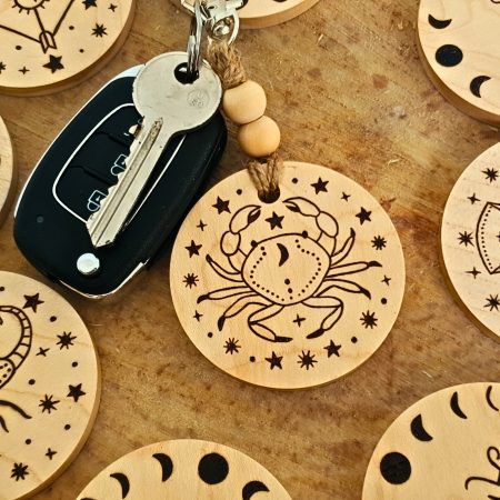 Cancer Zodiac Star Wooden Keyring With Metal Clasp And Beads, Double Sided, Pyrography Keyring