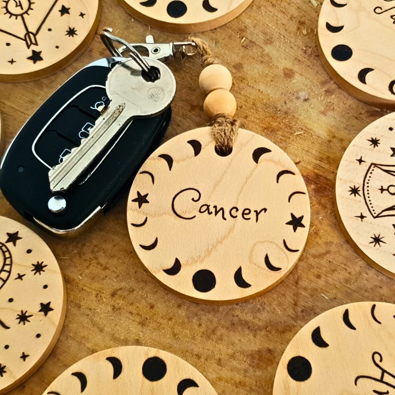 Cancer Zodiac Star Wooden Keyring With Metal Clasp And Beads, Double Sided, Pyrography Keyring