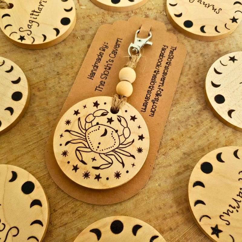 Cancer Zodiac Star Wooden Keyring With Metal Clasp And Beads, Double Sided, Pyrography Keyring