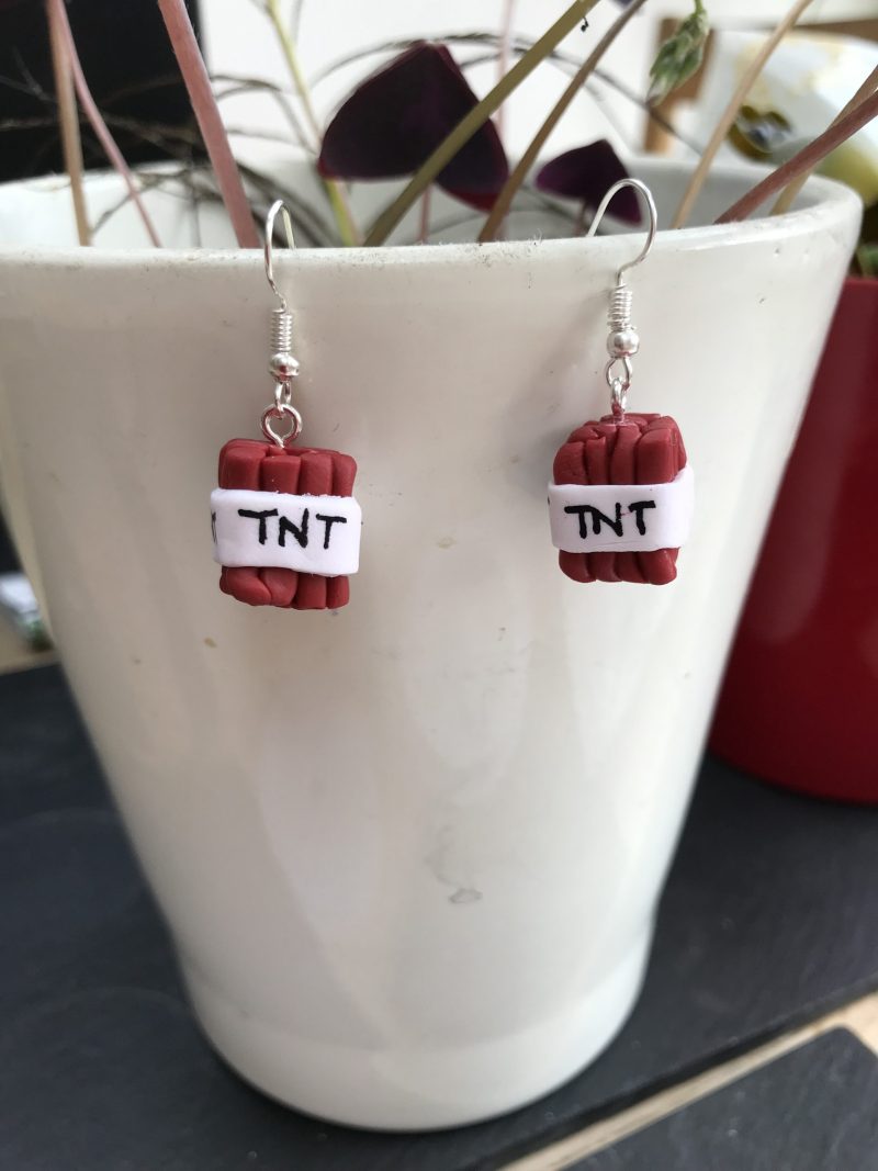 Minecraft TNT dynamite explosive gamer polymer clay dangly earrings