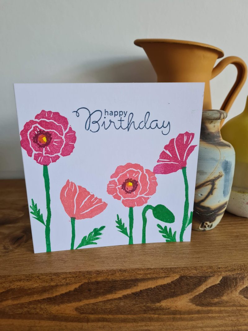Poppy birthday card handprinted
