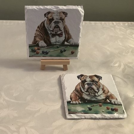 Set of Two Decoupaged Slate Coasters with Bulldog Playing Snooker
