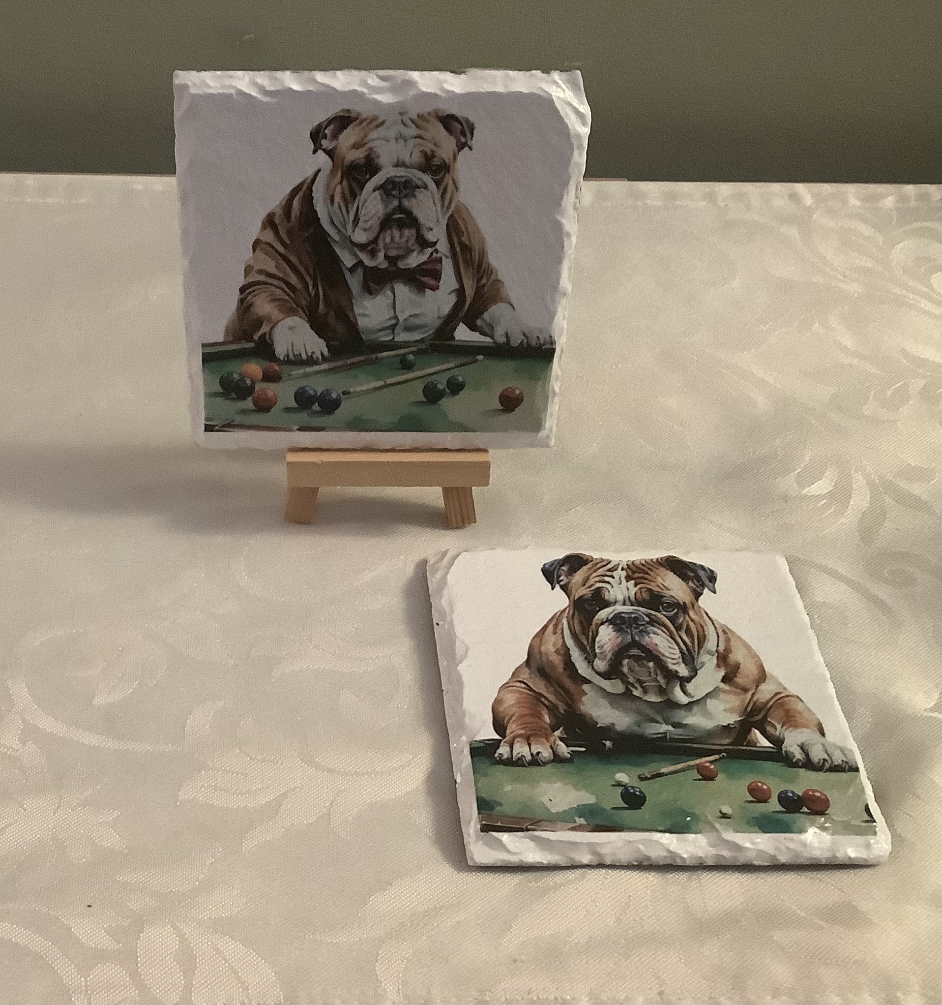 Set of Two Decoupaged Slate Coasters with Bulldog Playing Snooker