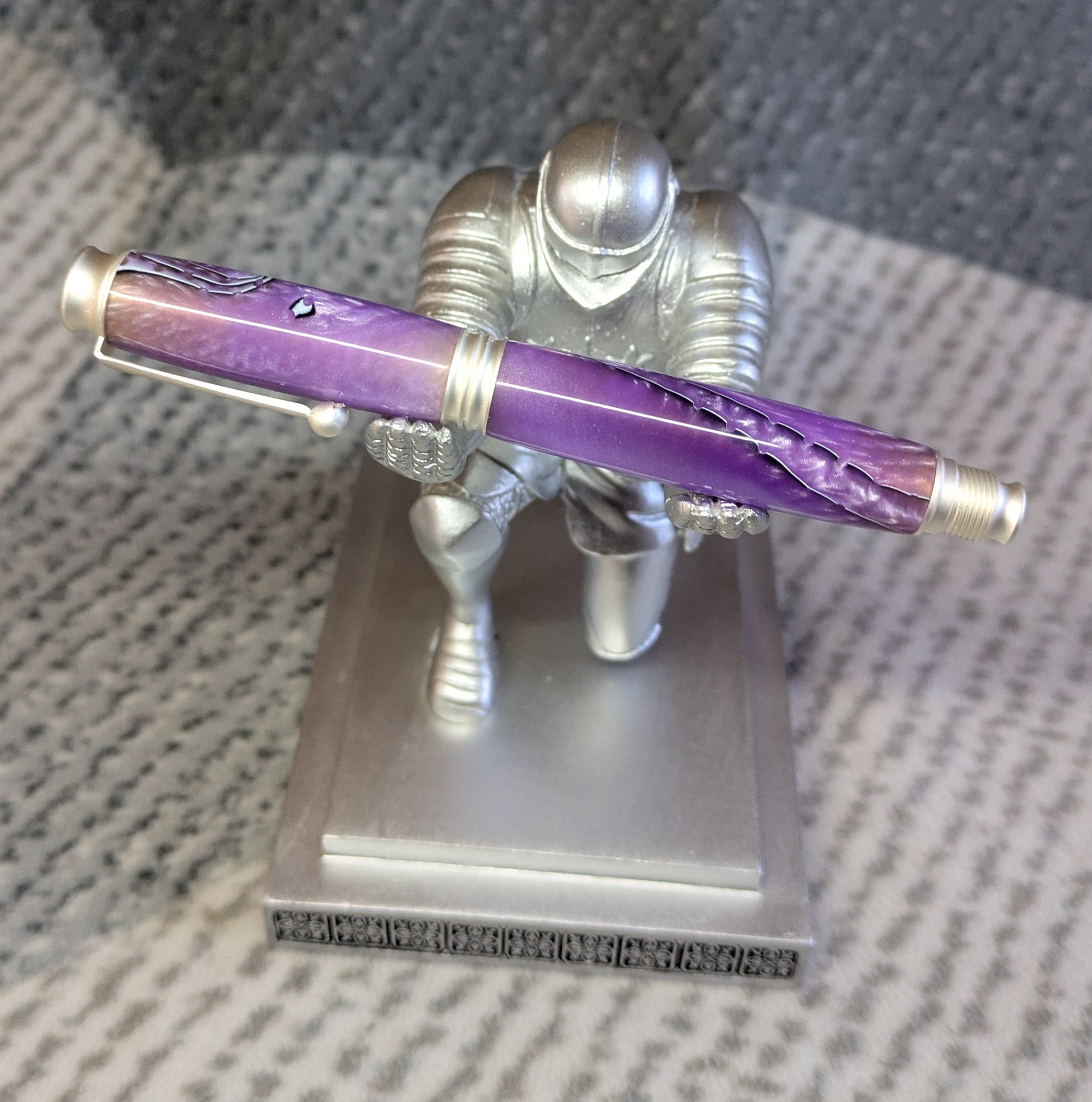 Omega style fountain pen made from purple acrylic with satin silver fittings