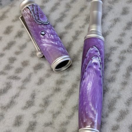 Omega style fountain pen made from purple acrylic with satin silver fittings