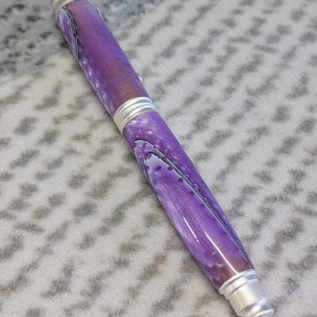 Omega style fountain pen made from purple acrylic with satin silver fittings