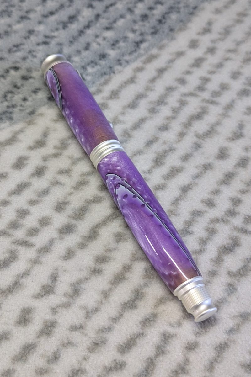 Omega style fountain pen made from purple acrylic with satin silver fittings