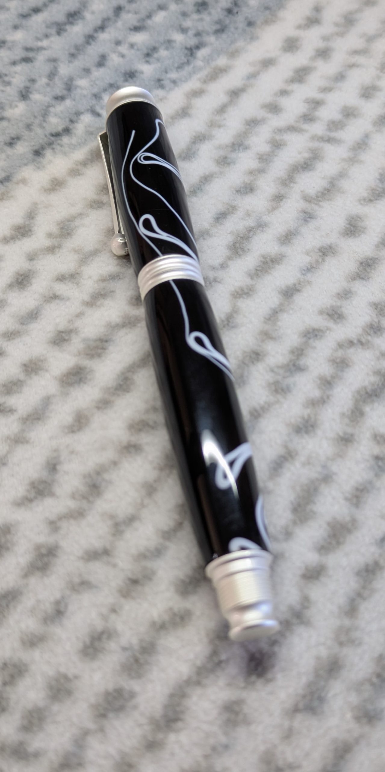 Omega style fountain pen in black acrylic with satin silver fittings