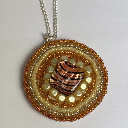 Clearance Pendant: Hand beaded medallion with shell bead at centre
