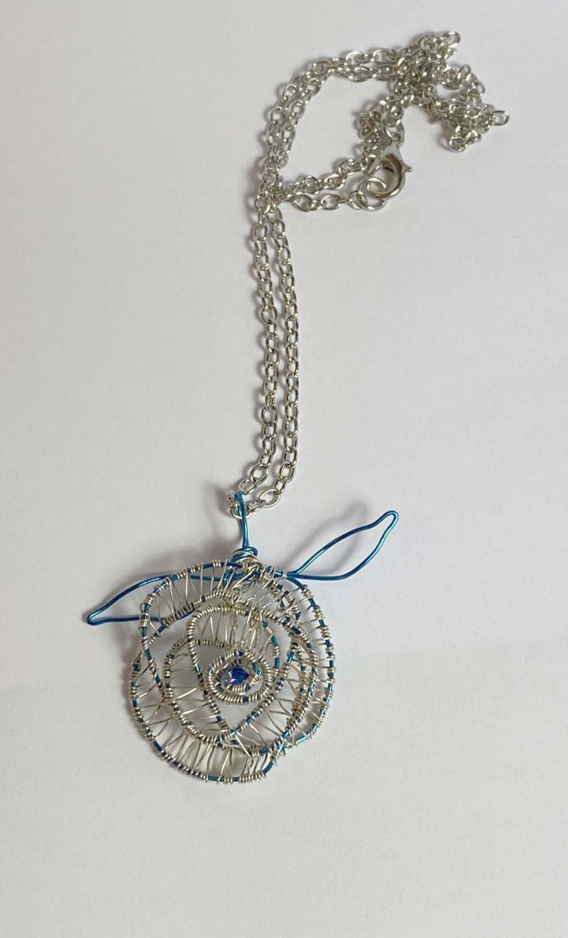 Hand-made blue/silver coloured wire rose