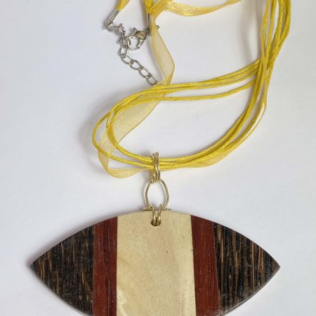 Clearance Pendant: Unusual large wooden pendant on yellow ribbon/cord