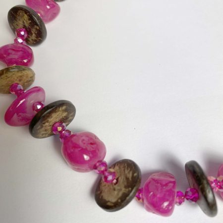 Clearance Necklace: Summery pink agate (dyed) with coconut shell beads