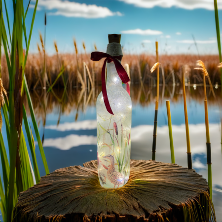Wine bottle with ducks and ducklings on. red ribbon embellishment Lit up with cork LED lights