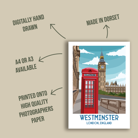 Westminster Travel poster | Digital art | Wall Decor | Artwork | UK Landscape | Landmark | Big Ben