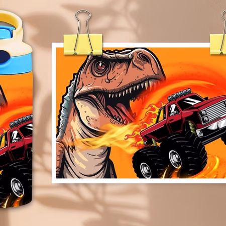 Dino Monster Truck Kids Tumbler – T-Rex & Truck Fire Design