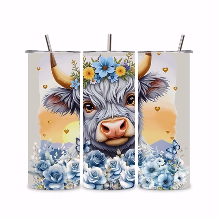 20oz Highland Cow & Roses Tumbler – Rustic Floral Farmhouse Gift