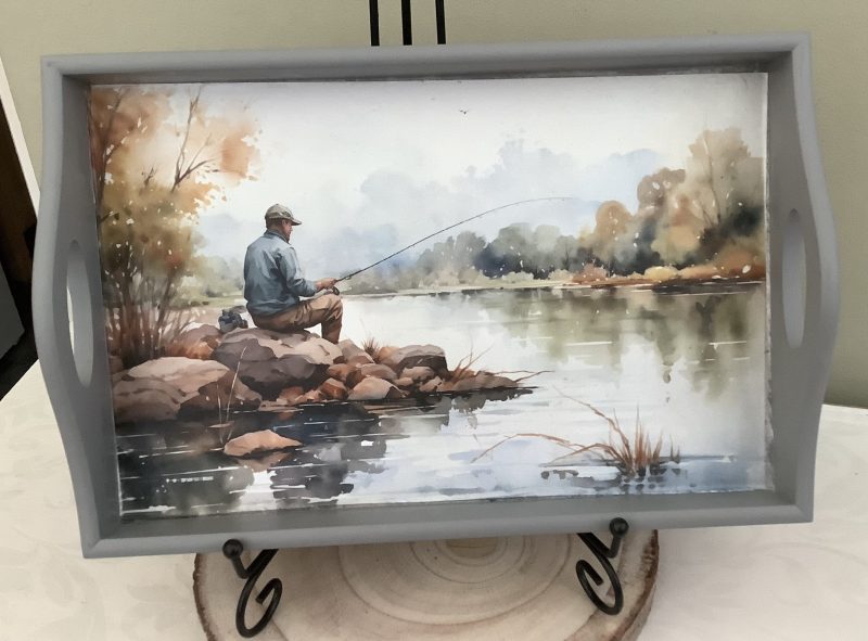 Handmade Decoupaged Sofa Tray with Fishing Design