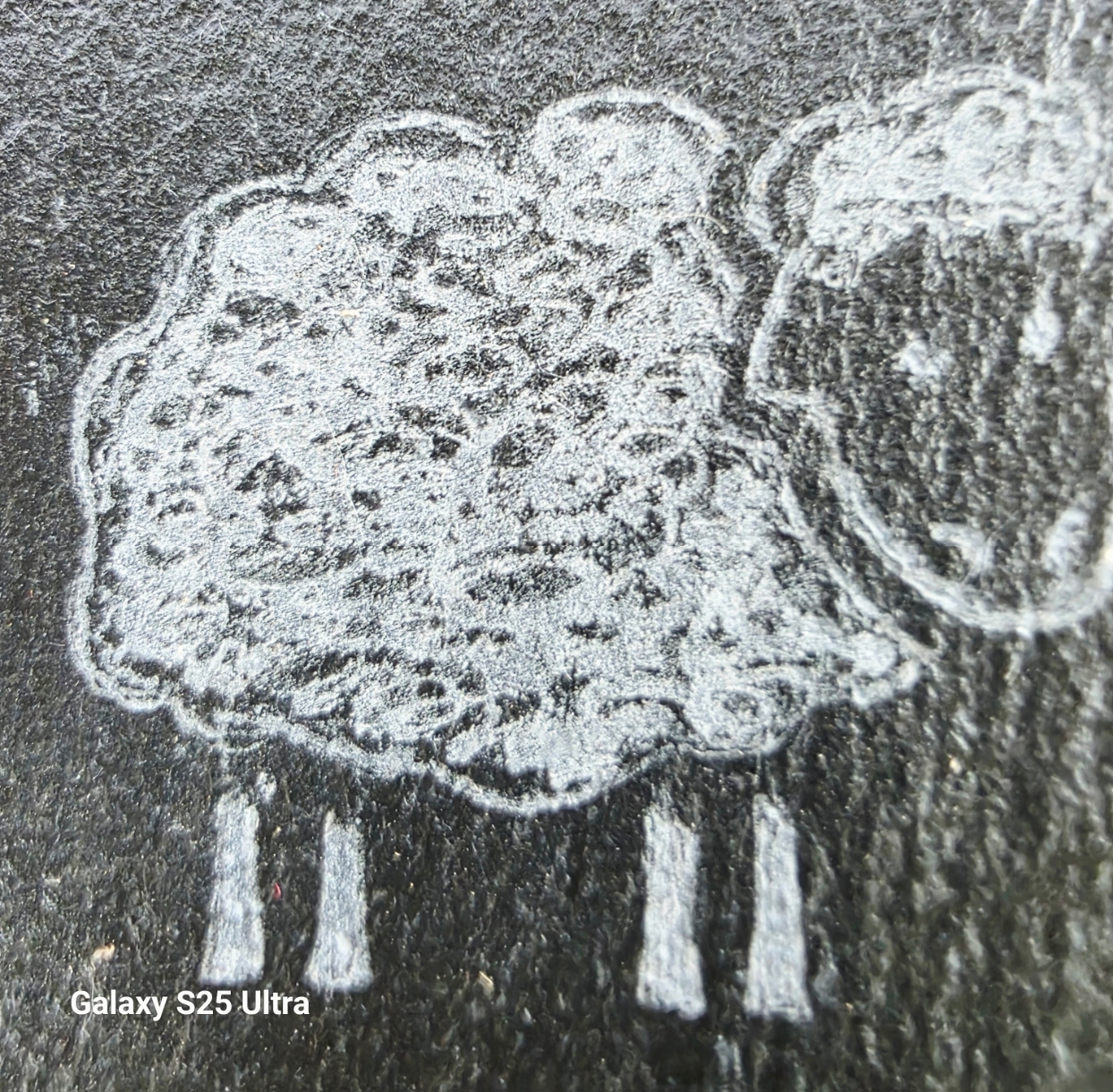 close up image of an engraved sheep on a slate coaster