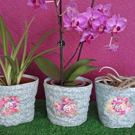 Fabric Plant Pot Covers x 3 floral green fabric