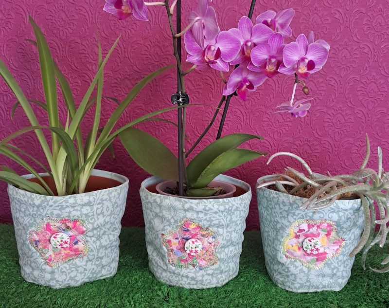 Fabric Plant Pot Covers x 3 floral green fabric