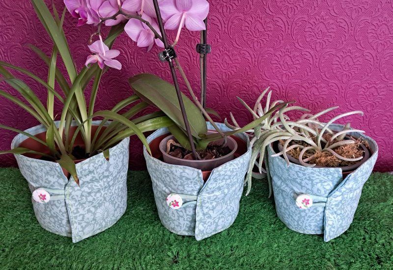 Fabric Plant Pot Covers x 3 floral green fabric