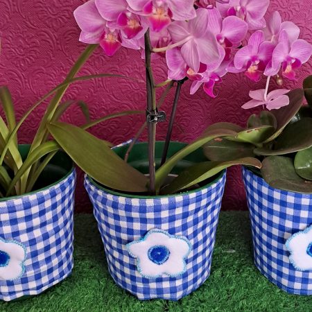 Blue Gingham fabric Plant Pot Covers x 3