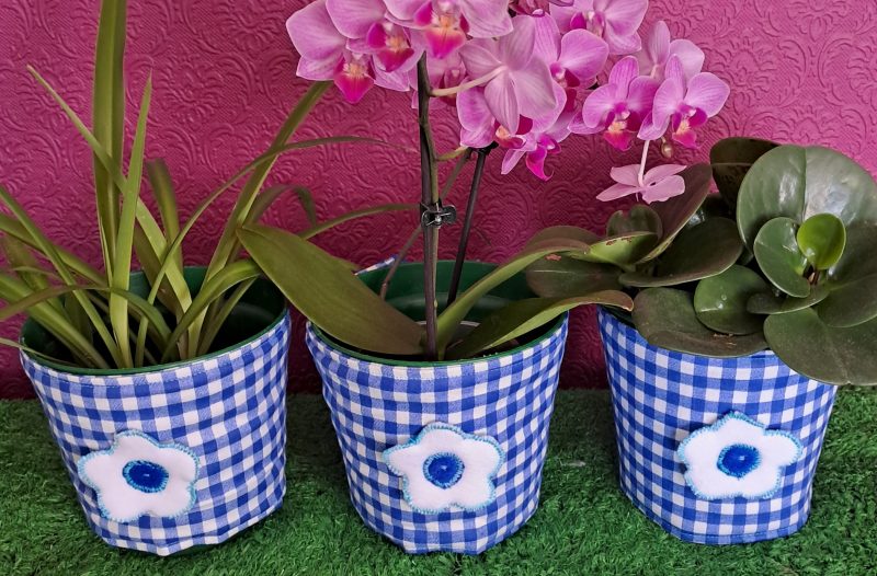 Blue Gingham fabric Plant Pot Covers x 3