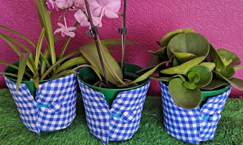 Blue Gingham fabric Plant Pot Covers x 3
