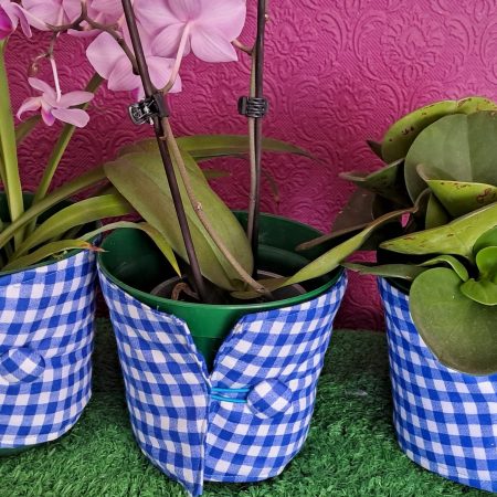 Blue Gingham fabric Plant Pot Covers x 3