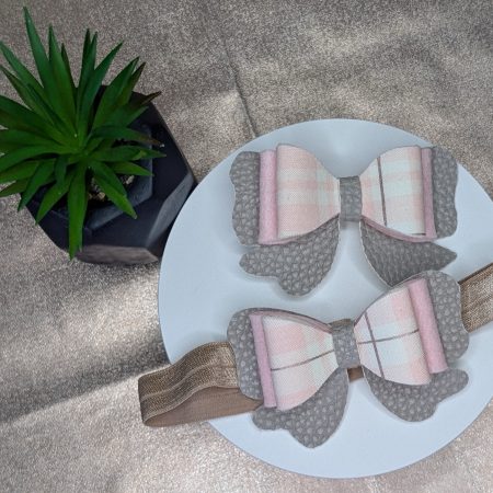 Pink Check and Felt Double Bow Hair Clip