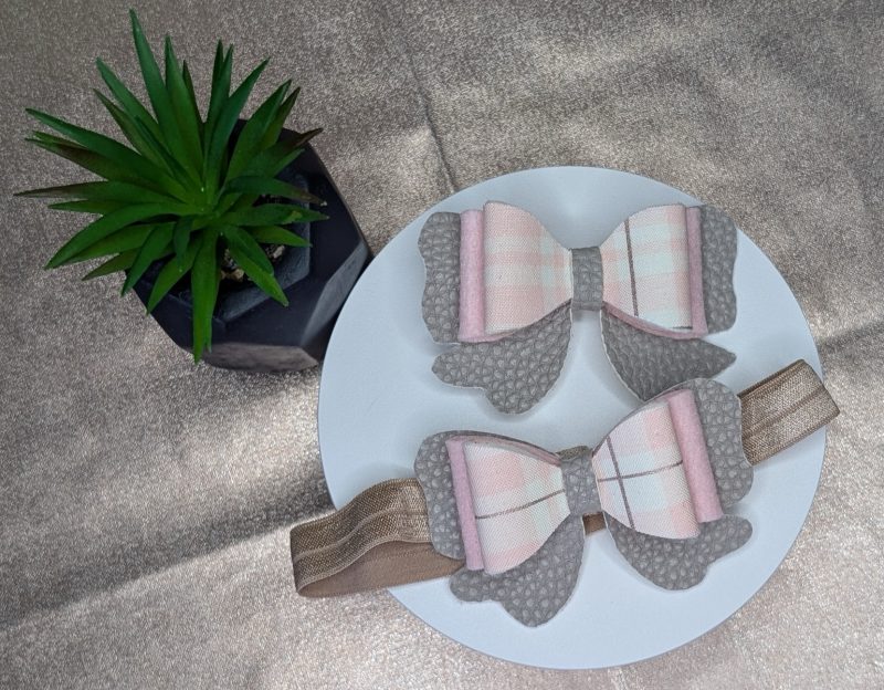 Pink Check and Felt Double Bow Hair Clip