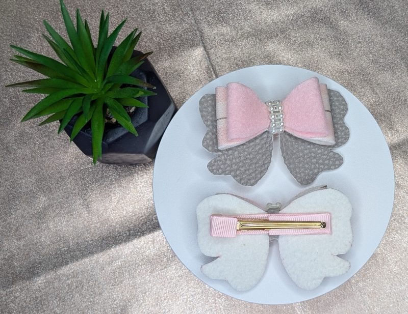 Pink Felt Double Hair Bow with a Pearl Centre