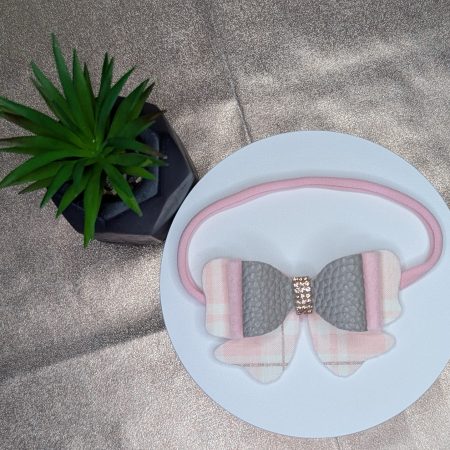 Taupe Faux Leatherette and Felt Double Hair Clip with a Rose Gold Rhinestone Centre