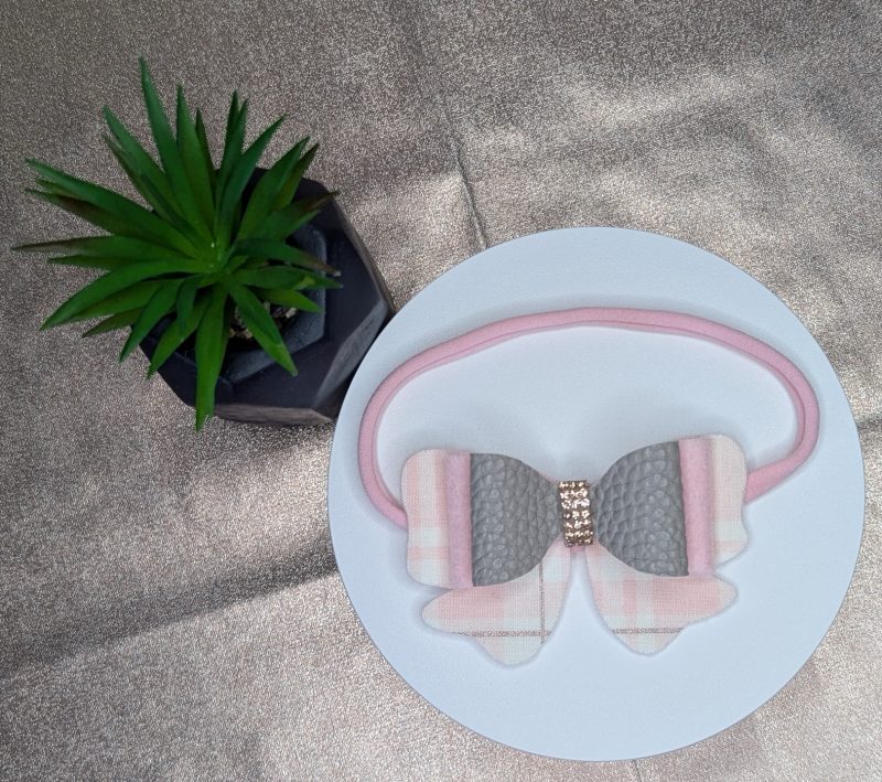 Taupe Faux Leatherette and Felt Double Hair Clip with a Rose Gold Rhinestone Centre