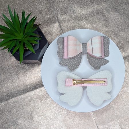 Pink Check and Felt Double Bow Hair Clip