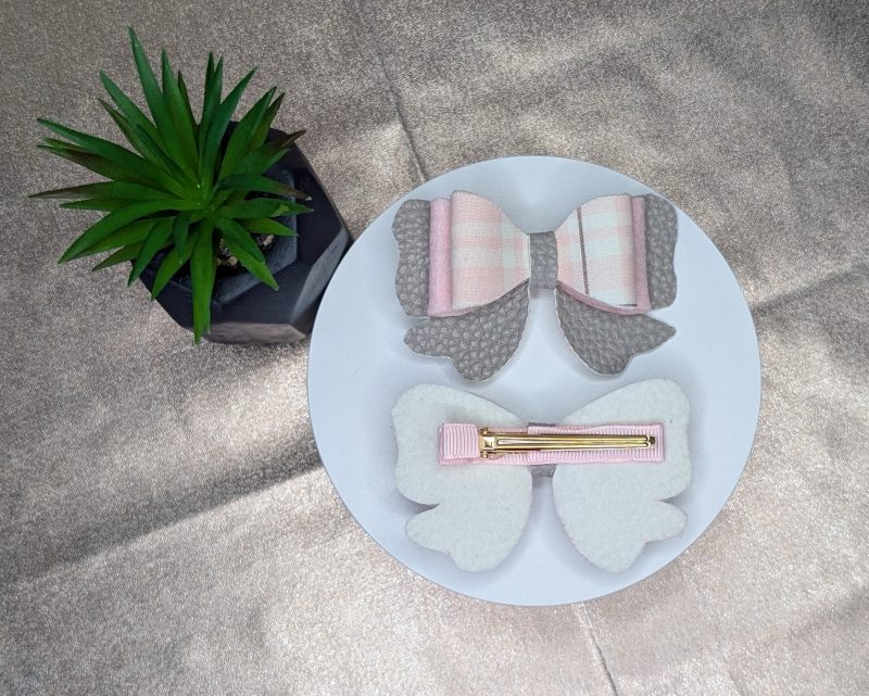 Pink Check and Felt Double Bow Hair Clip