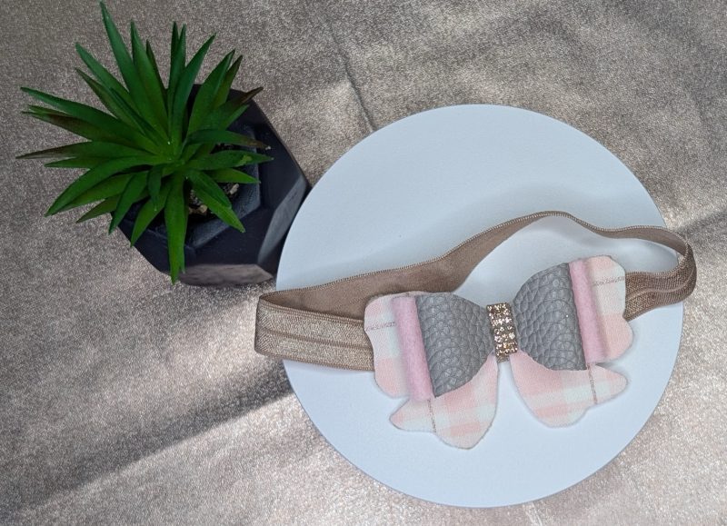 Taupe Faux Leatherette and Felt Double Hair Clip with a Rose Gold Rhinestone Centre