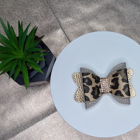 Faux leather leopard print hair bow -with lined hair clip