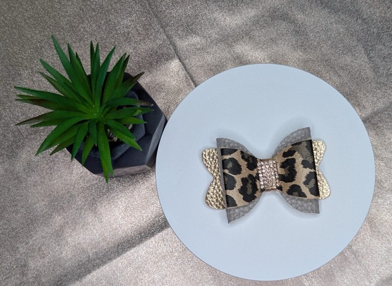 Faux leather leopard print hair bow -with lined hair clip