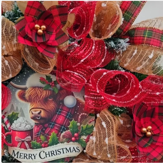 Christmas Highland Cow Door Wreath, Highland Cow Wall Decor, Highland Cow Christmas Wreath 🎄