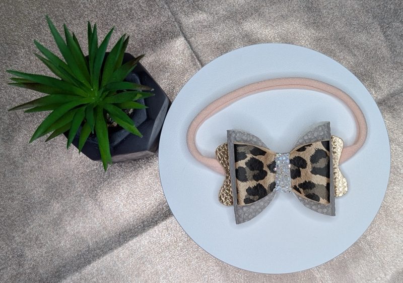 Faux leather leopard print hair bow -with lined hair clip