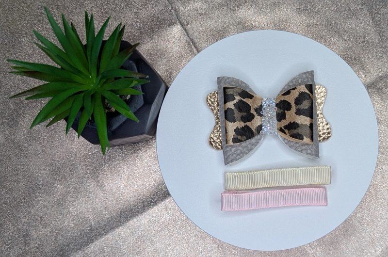 Faux leather leopard print hair bow -with lined hair clip