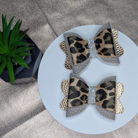 Faux leather leopard print hair bow -with lined hair clip