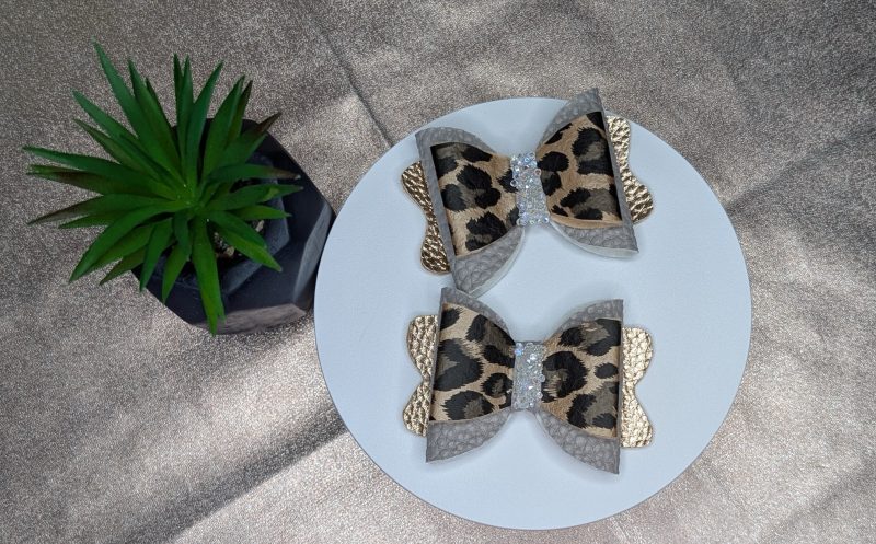 Faux leather leopard print hair bow -with lined hair clip