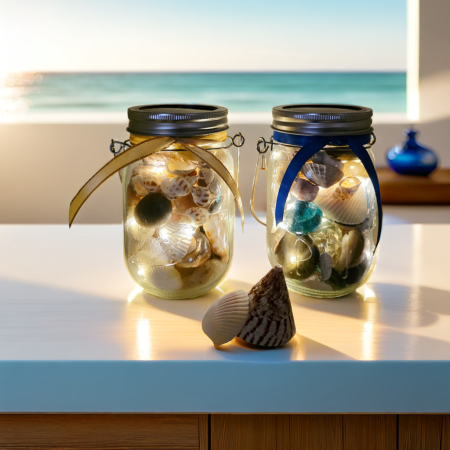 Two Jars filled with shells, pebbles and coloured glass stones. Lit up with lid and carry handle. Blue decorative ribbon