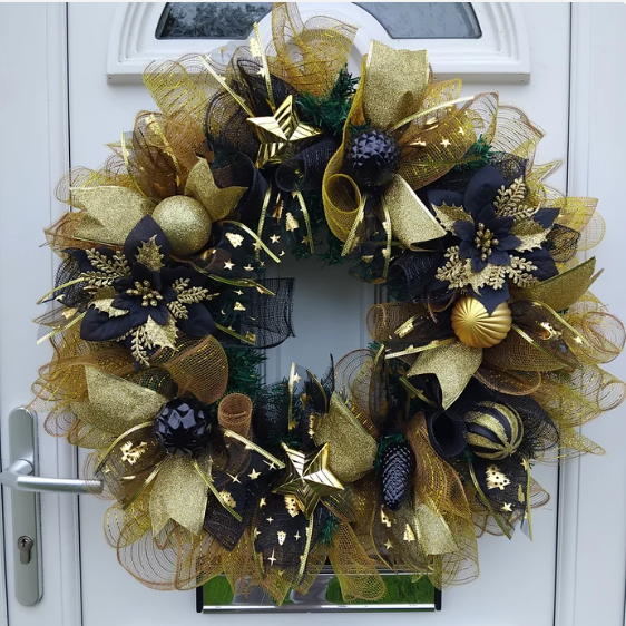 Elegant Black & Gold Christmas Wreath, Black & Gold Christmas Decoration, Christmas Door Wreath🎄