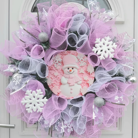 Pink Snowman Wreath, Snowman Door Wreath, Snowman Christmas Door Wreath☃️