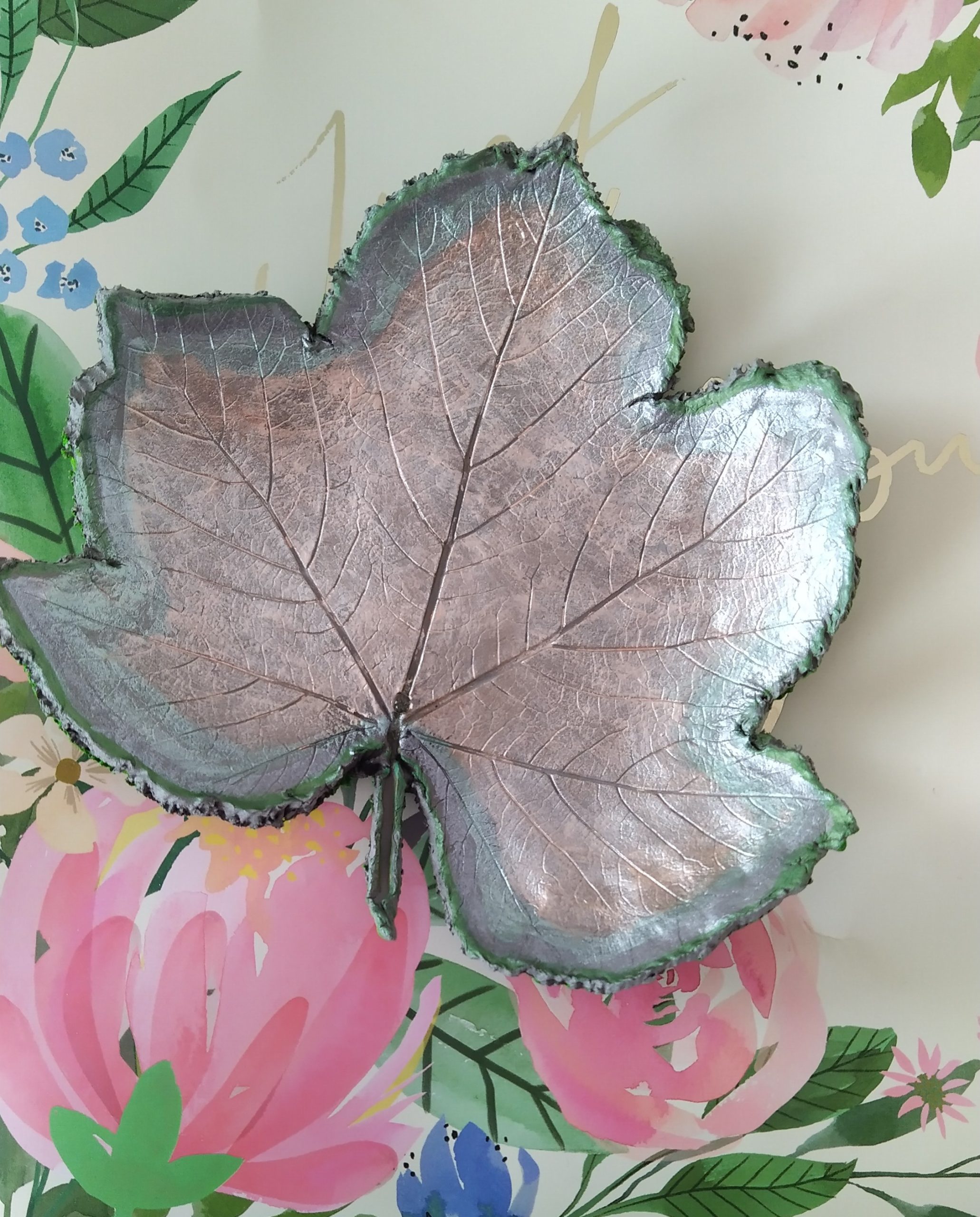 Nature inspired Leaf trinket tray. Green, grey, peach, pink, functional as well as pretty to look at