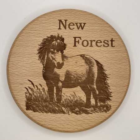 Pony in the New Forest laser engraved onto round Beech, Wall Hanging