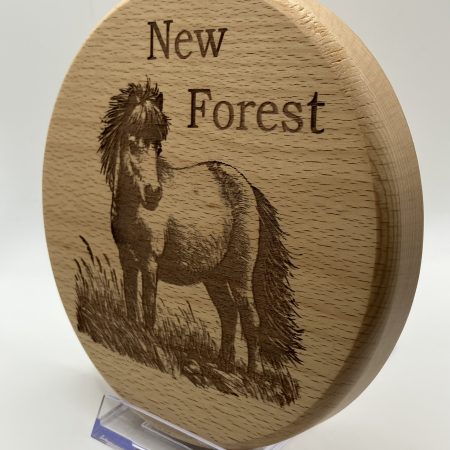 Pony in the New Forest laser engraved onto round Beech, Wall Hanging